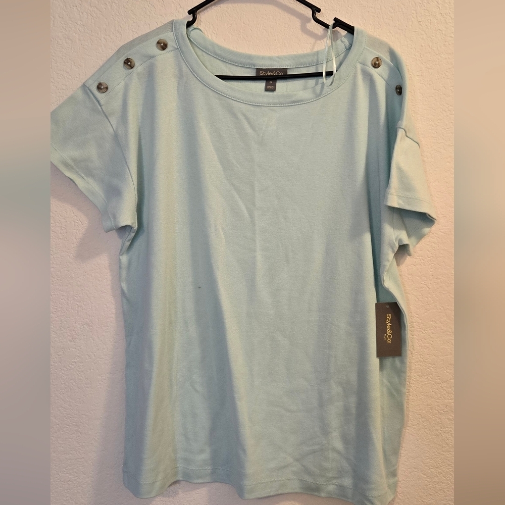 Style & Co. Sky Blue Button-Shoulder Tee